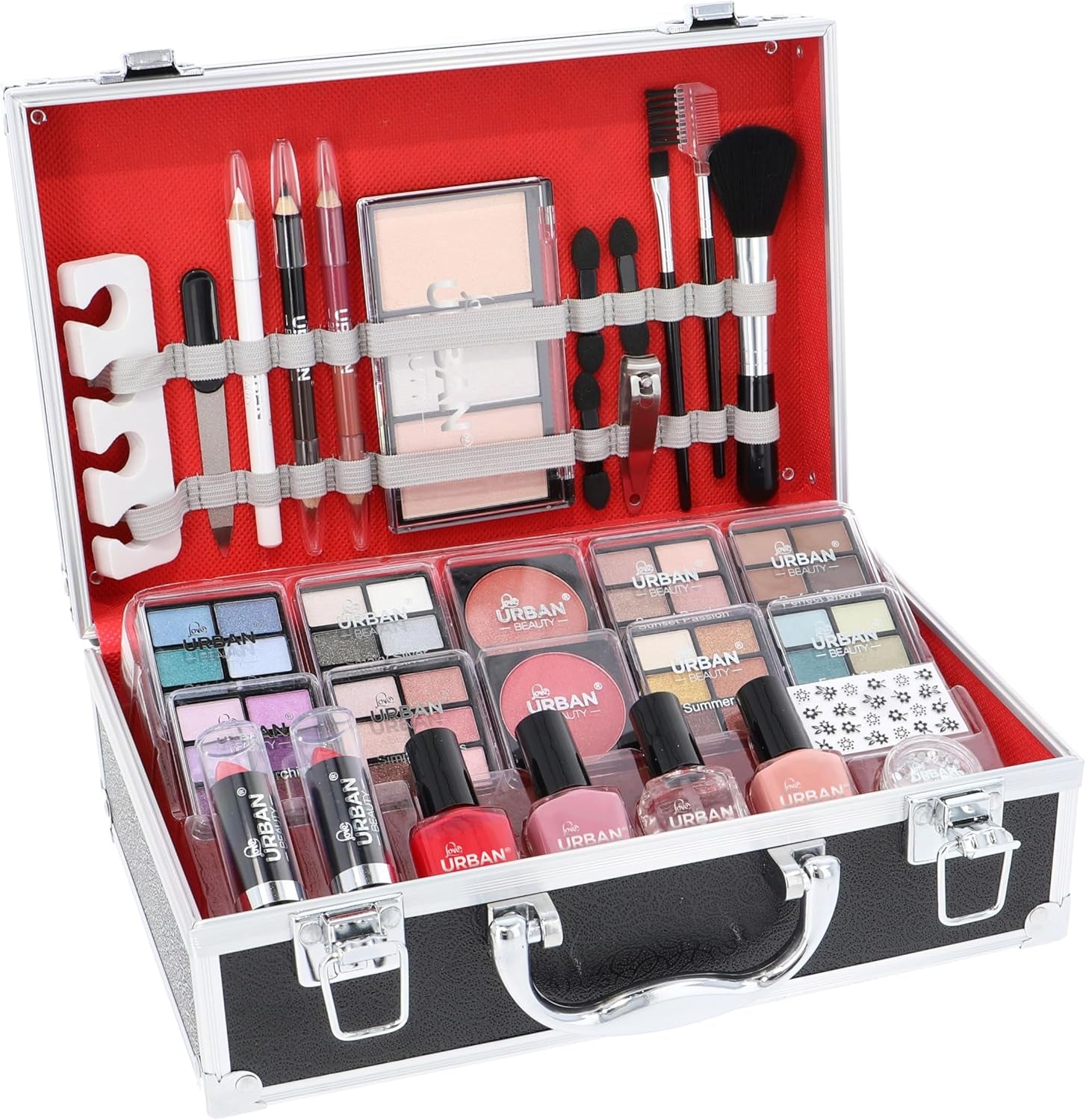 Divine Beauty Vegan French Manicure Makeup Box – 76-Piece Makeup Sets – Includes Eyeshadows, Highlighter, Lipstick, Blush, Brushes, Manicure Accessories – Ideal Vanity Case for Home-Amene Beauty