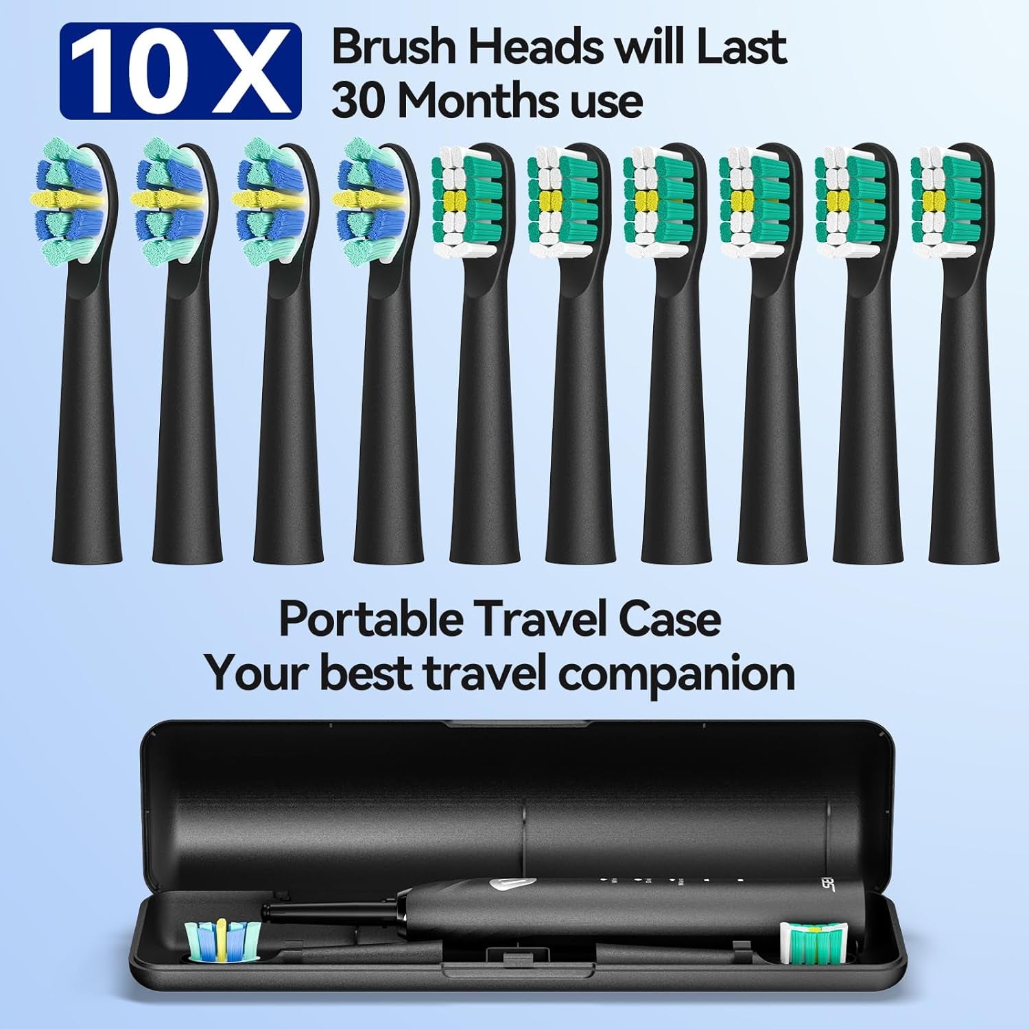 Electric Toothbrush with Travel Case, Travel Toothbrush with 10 Toothbrush Heads & Holder, Rechargeable Toothbrush with Smart Timer for Adults and Kids, Sg-2316(Black)-Amene Beauty