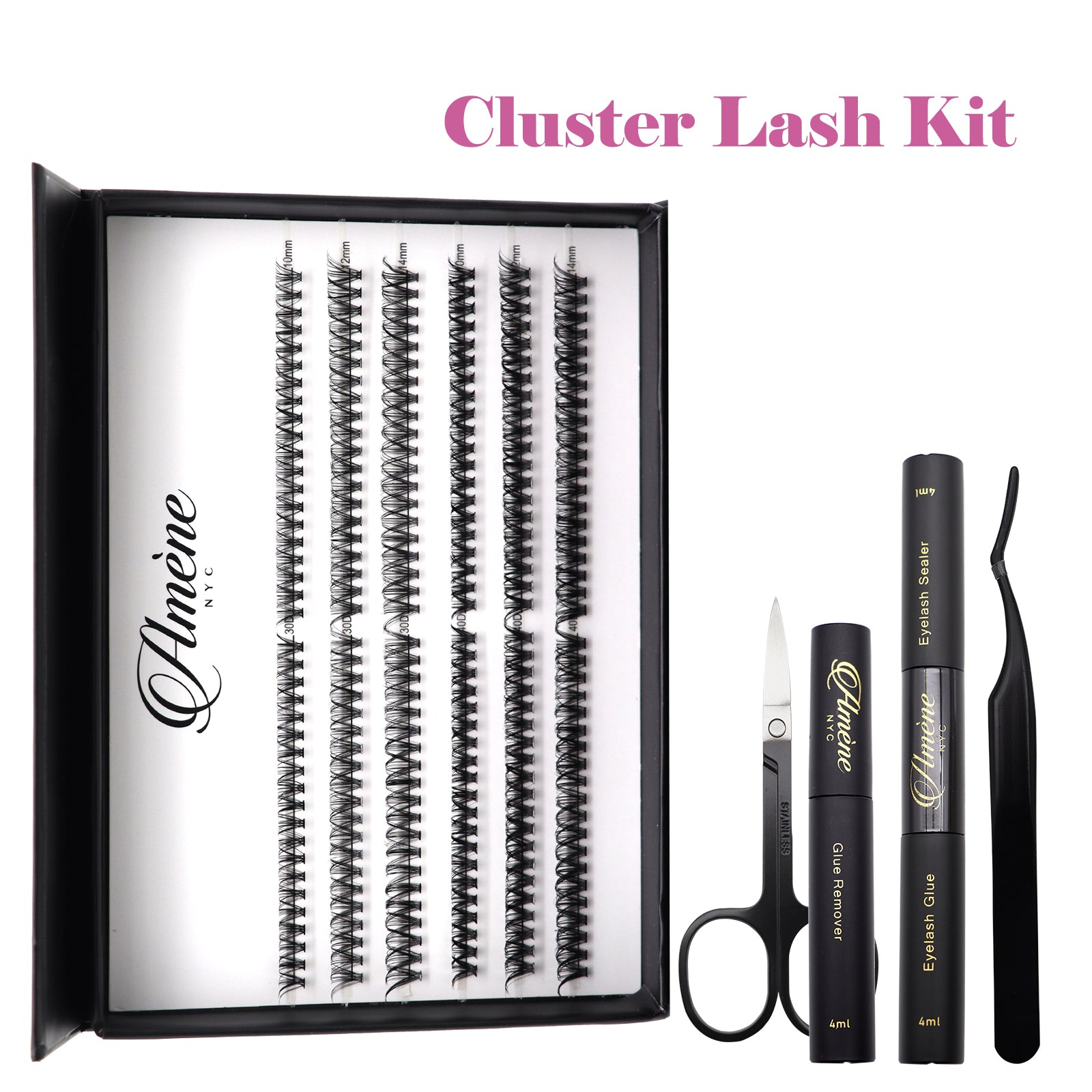 Améne 240pcs DIY At Home Cluster Eyelashes Kit Individual Eyelashes With Lash Bond And Seal, Eyelash Glue Remover, Lash Tweezer And Lash Scissors Booklet Design (30D+40D 10,12,14mm)-Amene Beauty