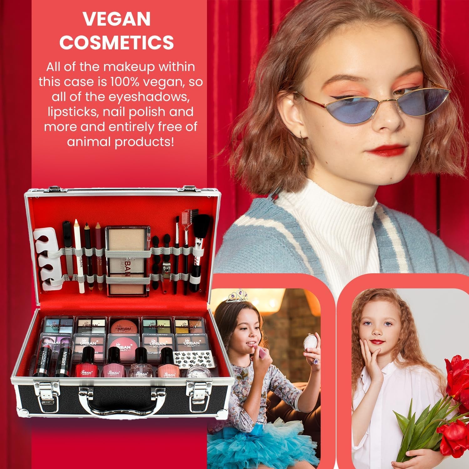 Divine Beauty Vegan French Manicure Makeup Box – 76-Piece Makeup Sets – Includes Eyeshadows, Highlighter, Lipstick, Blush, Brushes, Manicure Accessories – Ideal Vanity Case for Home-Amene Beauty