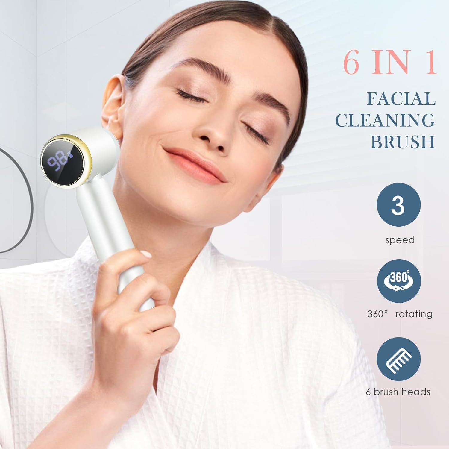 Facial Cleansing Brush,Electric Face Cleanser with 6 Exfoliating Brush Heads,Usb Rechargeable Face Brush with 3 Speed Levels,Waterproof Facial Brush,Lcd Display,360° Rotating Facial Brush for Cleaning-Amene Beauty