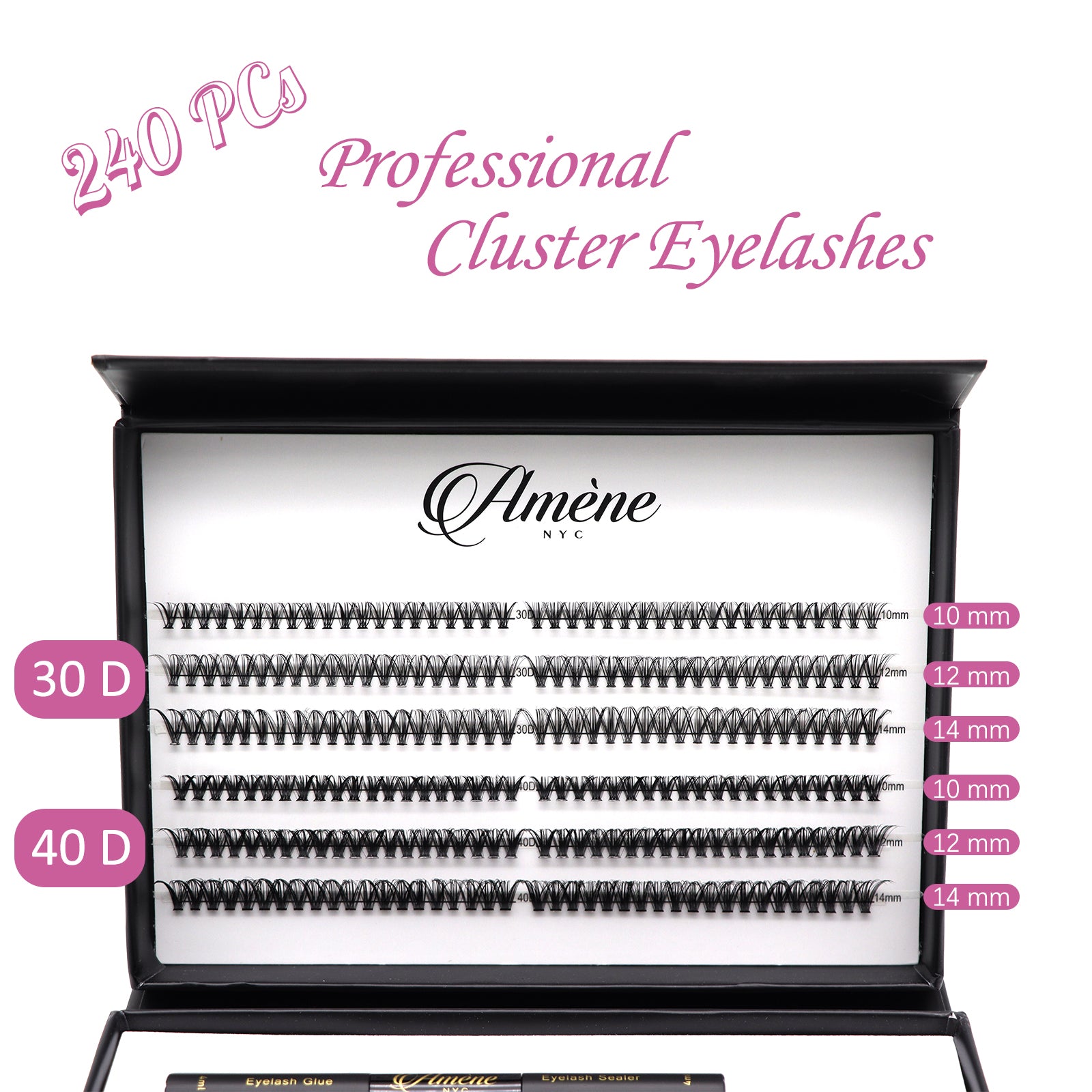 Améne 240pcs DIY At Home Cluster Eyelashes Kit Individual Eyelashes With Lash Bond And Seal, Eyelash Glue Remover, Lash Tweezer And Lash Scissors Booklet Design (30D+40D 10,12,14mm)-Amene Beauty