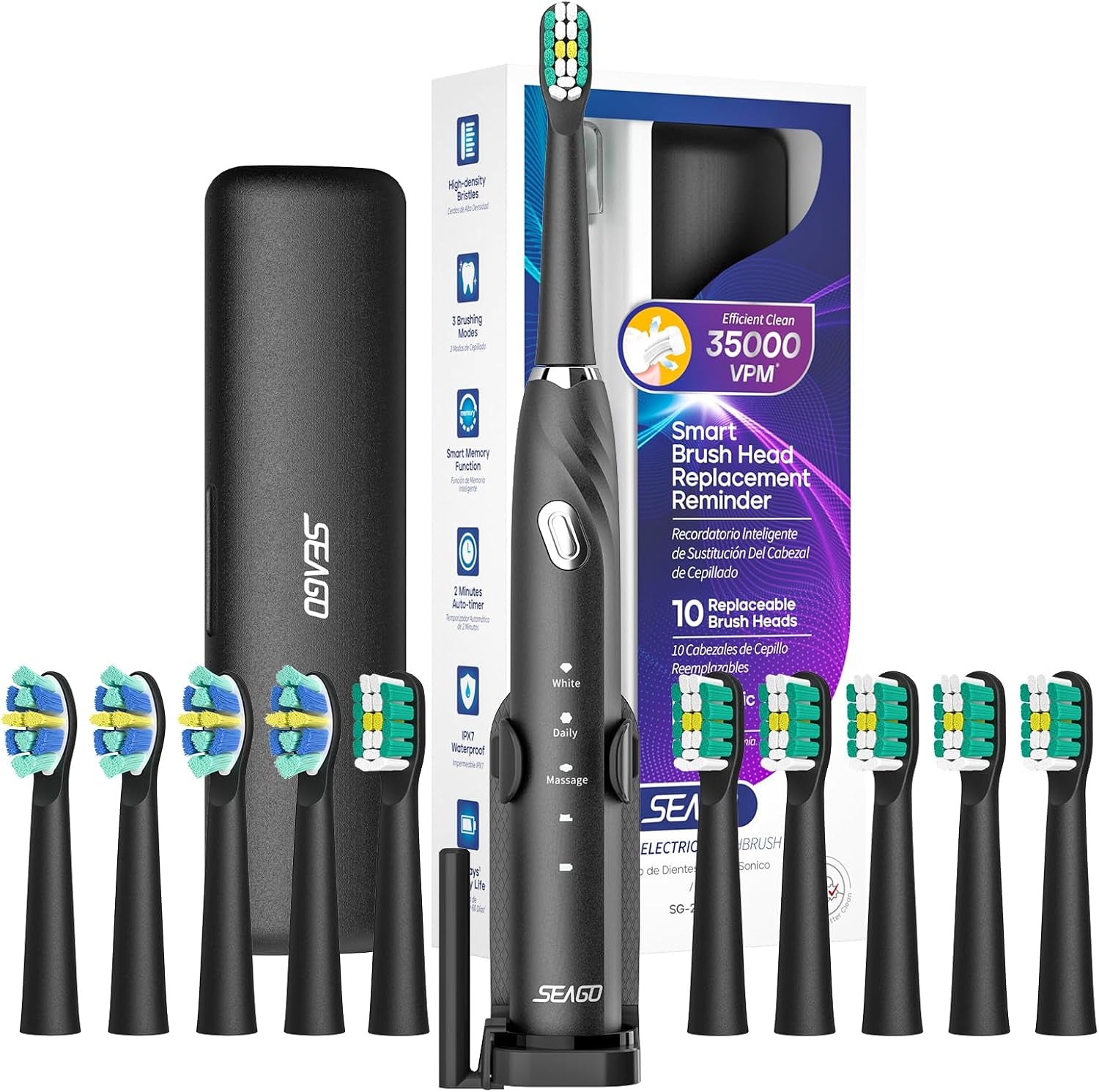 Electric Toothbrush with Travel Case, Travel Toothbrush with 10 Toothbrush Heads & Holder, Rechargeable Toothbrush with Smart Timer for Adults and Kids, Sg-2316(Black)-Amene Beauty