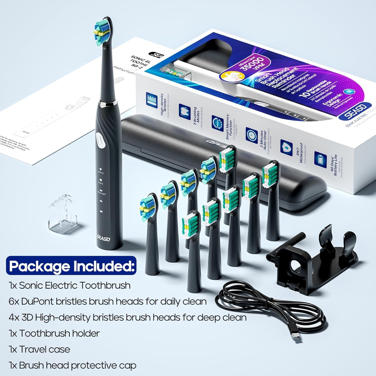 Electric Toothbrush with Travel Case, Travel Toothbrush with 10 Toothbrush Heads & Holder, Rechargeable Toothbrush with Smart Timer for Adults and Kids, Sg-2316(Black)-Amene Beauty