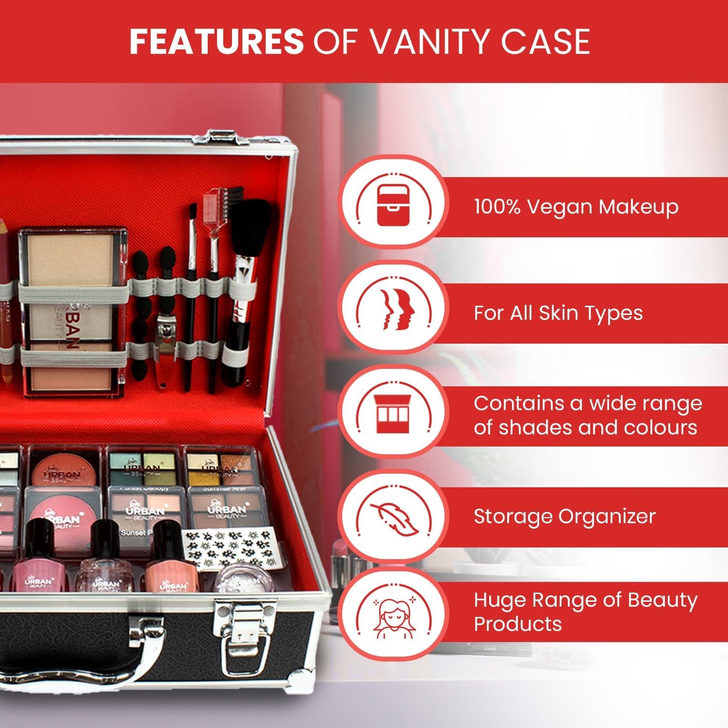 Divine Beauty Vegan French Manicure Makeup Box – 76-Piece Makeup Sets – Includes Eyeshadows, Highlighter, Lipstick, Blush, Brushes, Manicure Accessories – Ideal Vanity Case for Home-Amene Beauty
